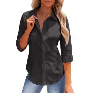 image:imagesiliteelon Button Down Shirts for Women Slim Fit Stain Shield 34 Sleeve Dress Shirt Formal Work Button Up BlousesBlack