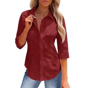 image:imagesiliteelon Button Down Shirts for Women Slim Fit Stain Shield 34 Sleeve Dress Shirt Formal Work Button Up BlousesBurgundy