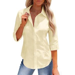image:imagesiliteelon Button Down Shirts for Women Slim Fit Stain Shield 34 Sleeve Dress Shirt Formal Work Button Up BlousesCream