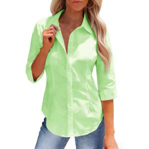 image:imagesiliteelon Button Down Shirts for Women Slim Fit Stain Shield 34 Sleeve Dress Shirt Formal Work Button Up BlousesMint Green