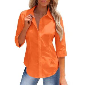 image:imagesiliteelon Button Down Shirts for Women Slim Fit Stain Shield 34 Sleeve Dress Shirt Formal Work Button Up BlousesOrange