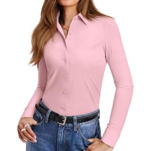 image:imagesiliteelon Button Down Shirts for Women Slim Fit Stretch Long Sleeve Dress Shirt Wrinkle Resistant Office Blouse WorkPink