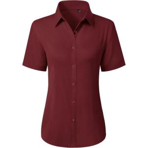 image:imagesiliteelon Button Down Shirts for Women Stain Shield Short Sleeve Dress Shirt Wrinkle Free Work Business Office BlousesBurgundy