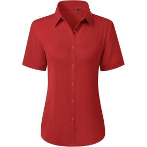 image:imagesiliteelon Button Down Shirts for Women Stain Shield Short Sleeve Dress Shirt Wrinkle Free Work Business Office BlousesRed
