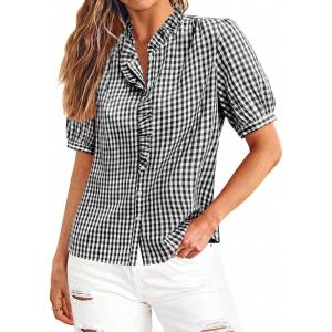 image:imagesiliteelon Women Plaid Shirt Gingham Short Sleeve Top Button Down Ruffle V Neck Dress Shirts Cotton Casual Work BlouseBlack