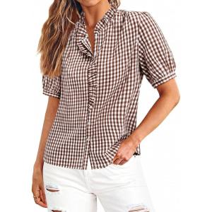 image:imagesiliteelon Women Plaid Shirt Gingham Short Sleeve Top Button Down Ruffle V Neck Dress Shirts Cotton Casual Work BlouseBrown