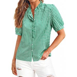 image:imagesiliteelon Women Plaid Shirt Gingham Short Sleeve Top Button Down Ruffle V Neck Dress Shirts Cotton Casual Work BlouseGreen