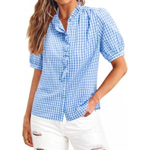 image:imagesiliteelon Women Plaid Shirt Gingham Short Sleeve Top Button Down Ruffle V Neck Dress Shirts Cotton Casual Work BlouseLight Blue