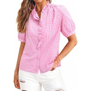 image:imagesiliteelon Women Plaid Shirt Gingham Short Sleeve Top Button Down Ruffle V Neck Dress Shirts Cotton Casual Work BlousePink