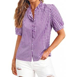 image:imagesiliteelon Women Plaid Shirt Gingham Short Sleeve Top Button Down Ruffle V Neck Dress Shirts Cotton Casual Work BlousePurple