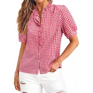 image:imagesiliteelon Women Plaid Shirt Gingham Short Sleeve Top Button Down Ruffle V Neck Dress Shirts Cotton Casual Work BlouseRed