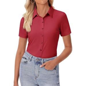 image:imagesiliteelon Womens Button Down Shirt Slim Fit Stretch Short Sleeve Dress Shirts Wrinkle Free Solid Formal Work BlousesRed