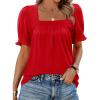 image:imagesiliteelon Blouses for Women Dressy Casual Pleated Square Neck Ruffle Puff Short Sleeve Tops Spring Summer Outfits 2026Red