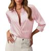 image:imagesiliteelon Satin Silk Blouse Striped Button Down Shirts for Women Long Sleeve Dress Blouses Collared Work Office TopsPink and White