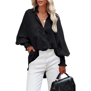 image:imageButton Down Shirts for Women Oversized Smocked Cuffed Collared Boyfriend Shirt Long Sleeve Blouse Tunic Top with PocketBlack