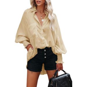 image:imageButton Down Shirts for Women Oversized Smocked Cuffed Collared Boyfriend Shirt Long Sleeve Blouse Tunic Top with PocketKhaki
