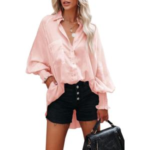 image:imageButton Down Shirts for Women Oversized Smocked Cuffed Collared Boyfriend Shirt Long Sleeve Blouse Tunic Top with PocketLight Pink