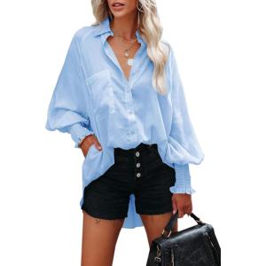 image:imageButton Down Shirts for Women Oversized Smocked Cuffed Collared Boyfriend Shirt Long Sleeve Blouse Tunic Top with PocketSky Blue