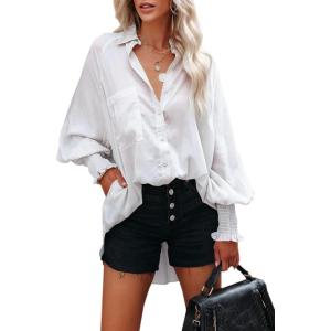 image:imageButton Down Shirts for Women Oversized Smocked Cuffed Collared Boyfriend Shirt Long Sleeve Blouse Tunic Top with PocketWhite