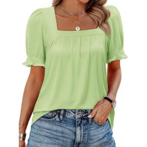 image:imagesiliteelon Blouses for Women Dressy Casual Pleated Square Neck Ruffle Puff Short Sleeve Tops Spring Summer Outfits 2026Sage Green