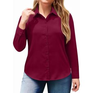 image:imagesiliteelon Plus Size Button Down Shirts for Women Dress Shirt Stretch Long Sleeve Collared Shirt Work Office Blouse TopBurgundy