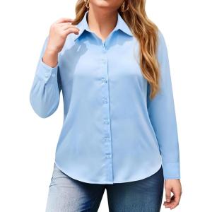 image:imagesiliteelon Plus Size Button Down Shirts for Women Dress Shirt Stretch Long Sleeve Collared Shirt Work Office Blouse TopLight Blue
