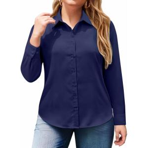 image:imagesiliteelon Plus Size Button Down Shirts for Women Dress Shirt Stretch Long Sleeve Collared Shirt Work Office Blouse TopNavy Blue