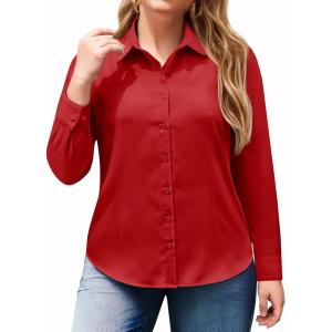 image:imagesiliteelon Plus Size Button Down Shirts for Women Dress Shirt Stretch Long Sleeve Collared Shirt Work Office Blouse TopRed