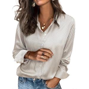 image:imagesiliteelon Satin Silk Blouse Striped Button Down Shirts for Women Long Sleeve Dress Blouses Collared Work Office TopsBlack and White