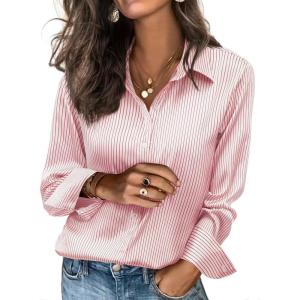 image:imagesiliteelon Satin Silk Blouse Striped Button Down Shirts for Women Long Sleeve Dress Blouses Collared Work Office TopsPink and White