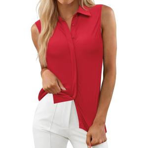 image:imagesiliteelon Sleeveless Button Down Shirts for Women Collared Shirt Stretch Hidden Button Tank Top Work Casual Blouse TopRed