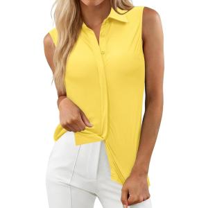 image:imagesiliteelon Sleeveless Button Down Shirts for Women Collared Shirt Stretch Hidden Button Tank Top Work Casual Blouse TopYellow