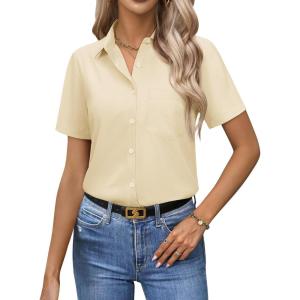 image:imagesiliteelon Women Button Down Shirts Short Sleeve Button up WomenStain Resistant Dress Shirts with Pocket fit Work BlouseBeige