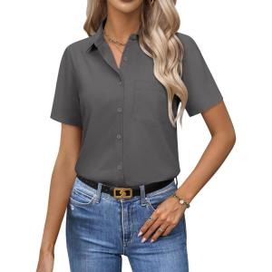 image:imagesiliteelon Women Button Down Shirts Short Sleeve Button up WomenStain Resistant Dress Shirts with Pocket fit Work BlouseGrey