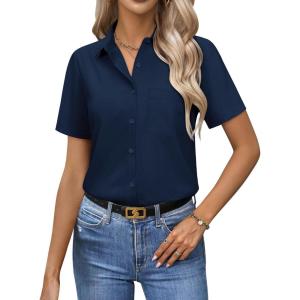 image:imagesiliteelon Women Button Down Shirts Short Sleeve Button up WomenStain Resistant Dress Shirts with Pocket fit Work BlouseNavy Blue