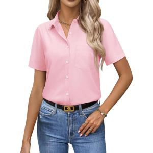 image:imagesiliteelon Women Button Down Shirts Short Sleeve Button up WomenStain Resistant Dress Shirts with Pocket fit Work BlousePink
