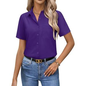 image:imagesiliteelon Women Button Down Shirts Short Sleeve Button up WomenStain Resistant Dress Shirts with Pocket fit Work BlousePurple