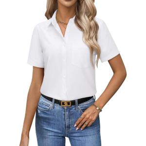 image:imagesiliteelon Women Button Down Shirts Short Sleeve Button up WomenStain Resistant Dress Shirts with Pocket fit Work BlouseWhite