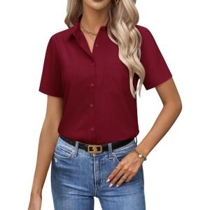 image:imagesiliteelon Women Button Down Shirts Short Sleeve Button up WomenStain Resistant Dress Shirts with Pocket fit Work BlouseWine Red
