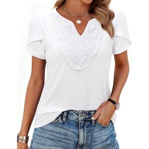 image:imagesiliteelon Women Dressy Casual Blouses Short Sleeve Shirts V Neck Trendy Spring Clothes Vacation Boho TopsWhite