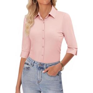 image:imagesiliteelon Womens Button Down Shirt 34 Sleeve Wrinkle Free Stretch Collared Dress Shirt Business Casual Work BlouseAll Light Pink