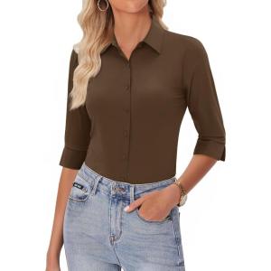 image:imagesiliteelon Womens Button Down Shirt 34 Sleeve Wrinkle Free Stretch Collared Dress Shirt Business Casual Work BlouseCoffee Brown