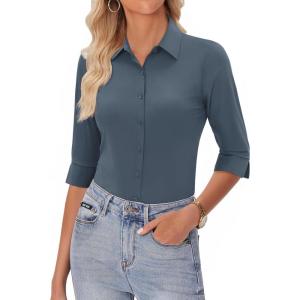 image:imagesiliteelon Womens Button Down Shirt 34 Sleeve Wrinkle Free Stretch Collared Dress Shirt Business Casual Work BlouseLight Gray Blue