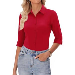 image:imagesiliteelon Womens Button Down Shirt 34 Sleeve Wrinkle Free Stretch Collared Dress Shirt Business Casual Work BlouseRed