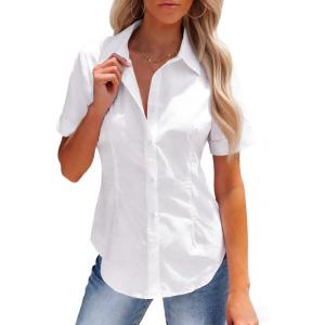 image:imagesiliteelon Womens Stain Resistant Button Down Shirt Short Sleeve Wrinkle Free Business Casual Work Blouse TopsA White