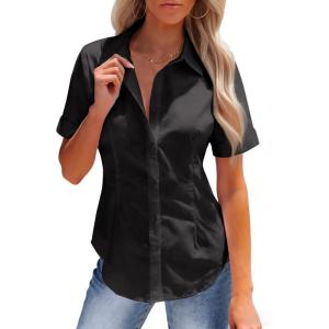 image:imagesiliteelon Womens Stain Resistant Button Down Shirt Short Sleeve Wrinkle Free Business Casual Work Blouse TopsAll Black