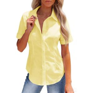 image:imagesiliteelon Womens Stain Resistant Button Down Shirt Short Sleeve Wrinkle Free Business Casual Work Blouse TopsB Light Yellow
