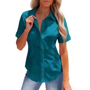 image:imagesiliteelon Womens Stain Resistant Button Down Shirt Short Sleeve Wrinkle Free Business Casual Work Blouse TopsPeacock Blue