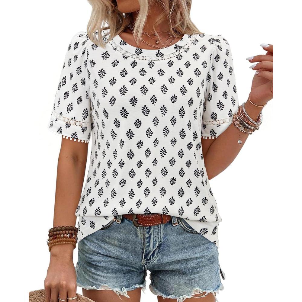 image:imagesiliteelon Boho Tops for Women Floral Print Blouse Short Sleeve TShirt Summer Casual Eyelet Peasant Shirt Trendy 2026Vintage Ink Leaf