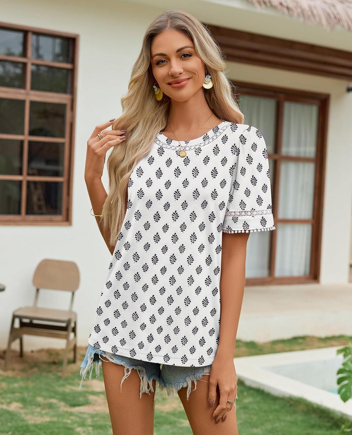 image:imagesiliteelon Boho Tops for Women Floral Print Blouse Short Sleeve TShirt Summer Casual Eyelet Peasant Shirt Trendy 2026Vintage Ink Leaf